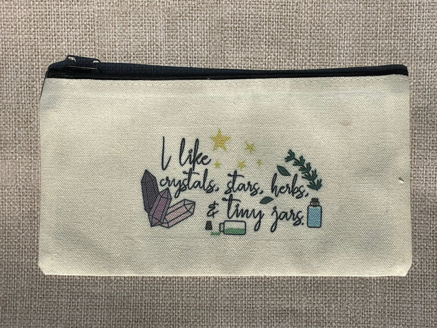 I like Crystals, Stars, Herbs and Tiny Jars Cosmetic Make Up Bag / gift bag / Pencil bag/ witch bag / baby witch