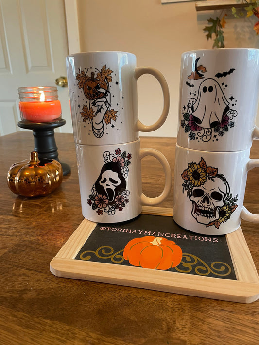 Set of Four 11oz Coffee Mugs, Ghost Coffee Mug, Witches Hand Mug, Skull Sunflower Mug, Scream / Ghost Face Mug