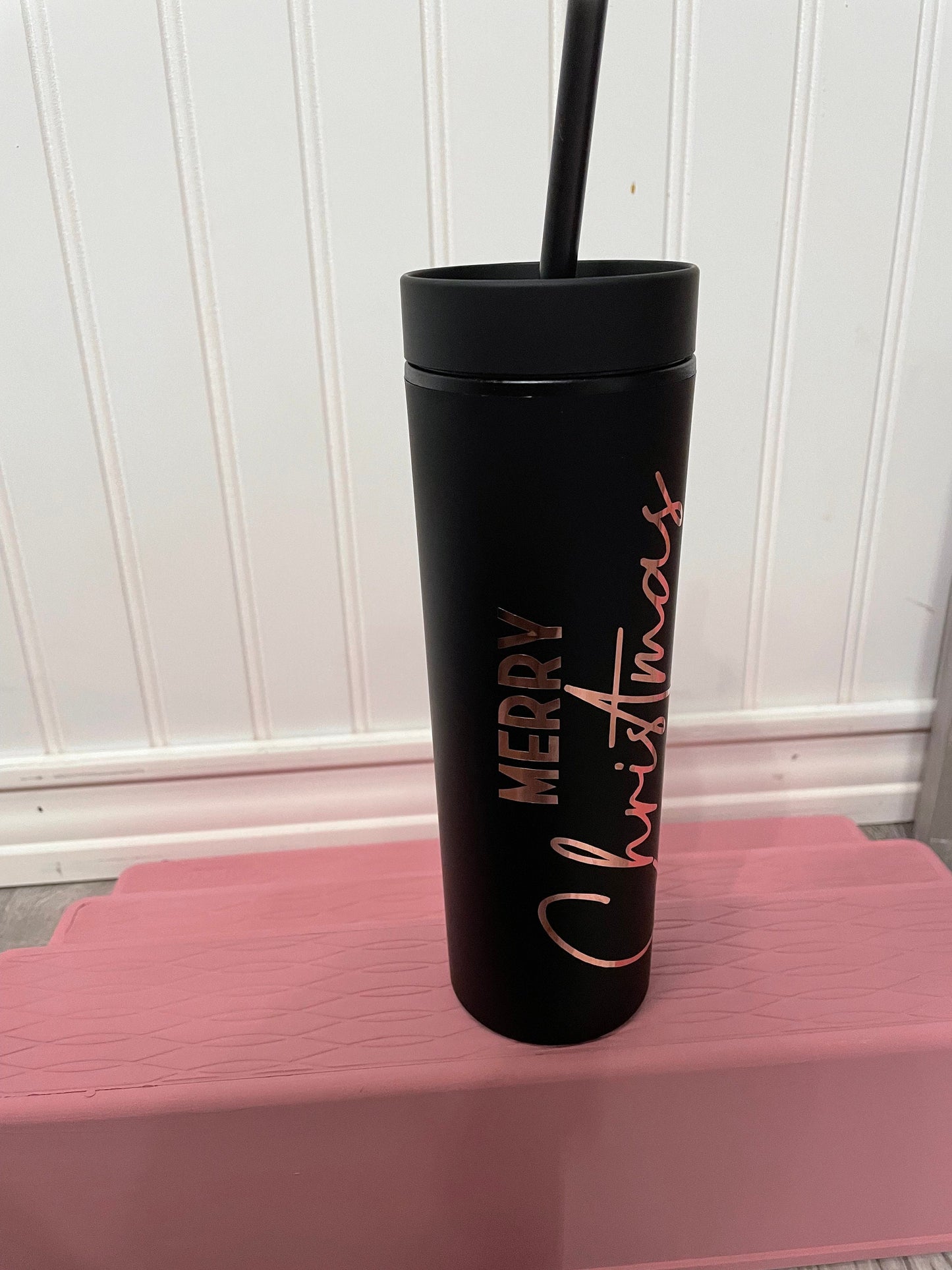 Matte Black Minimalistic 16 oz Matte Black and Rose Gold Merry Christmas Tumbler