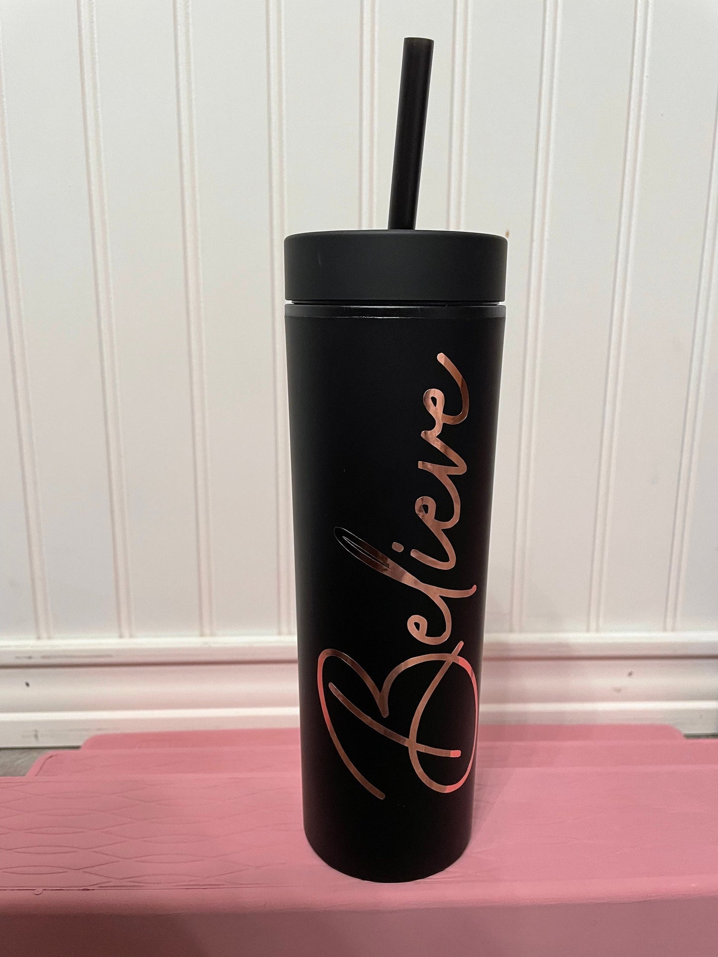 Matte Black and Rose Gold Minimalistic Believe 16 oz Tumbler Gift