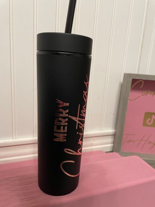 Matte Black Minimalistic 16 oz Matte Black and Rose Gold Merry Christmas Tumbler