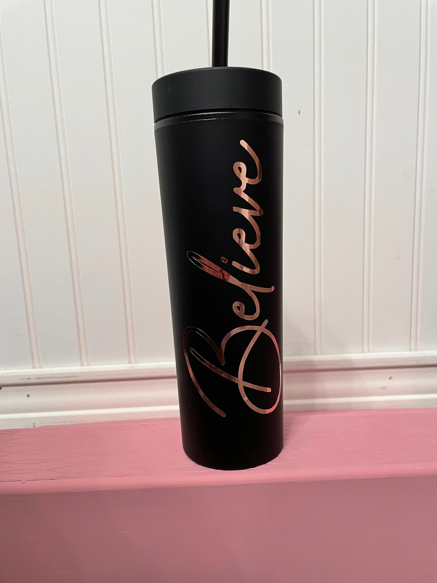 Matte Black and Rose Gold Minimalistic Believe 16 oz Tumbler Gift